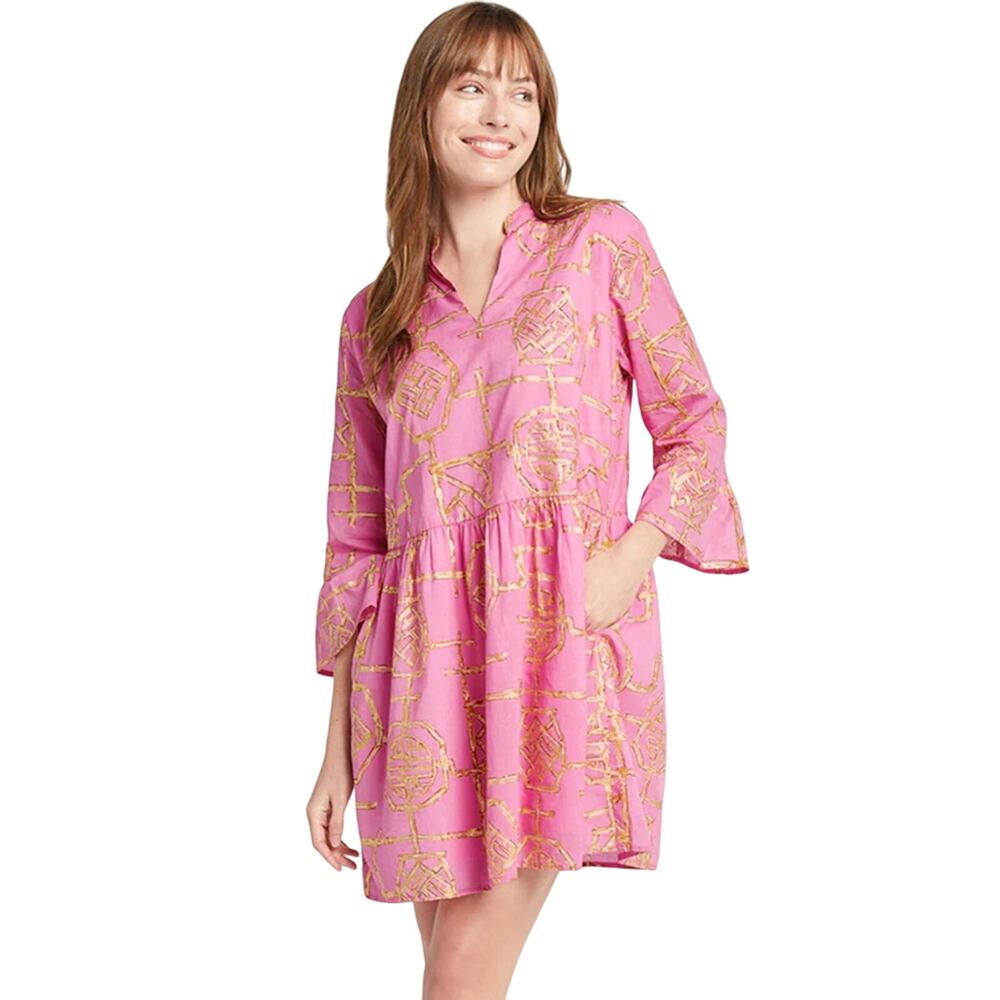Jude Connally Faith Bamboo Lattice Print Cotton Voile 3/4 Bell Slv Dress Size XS